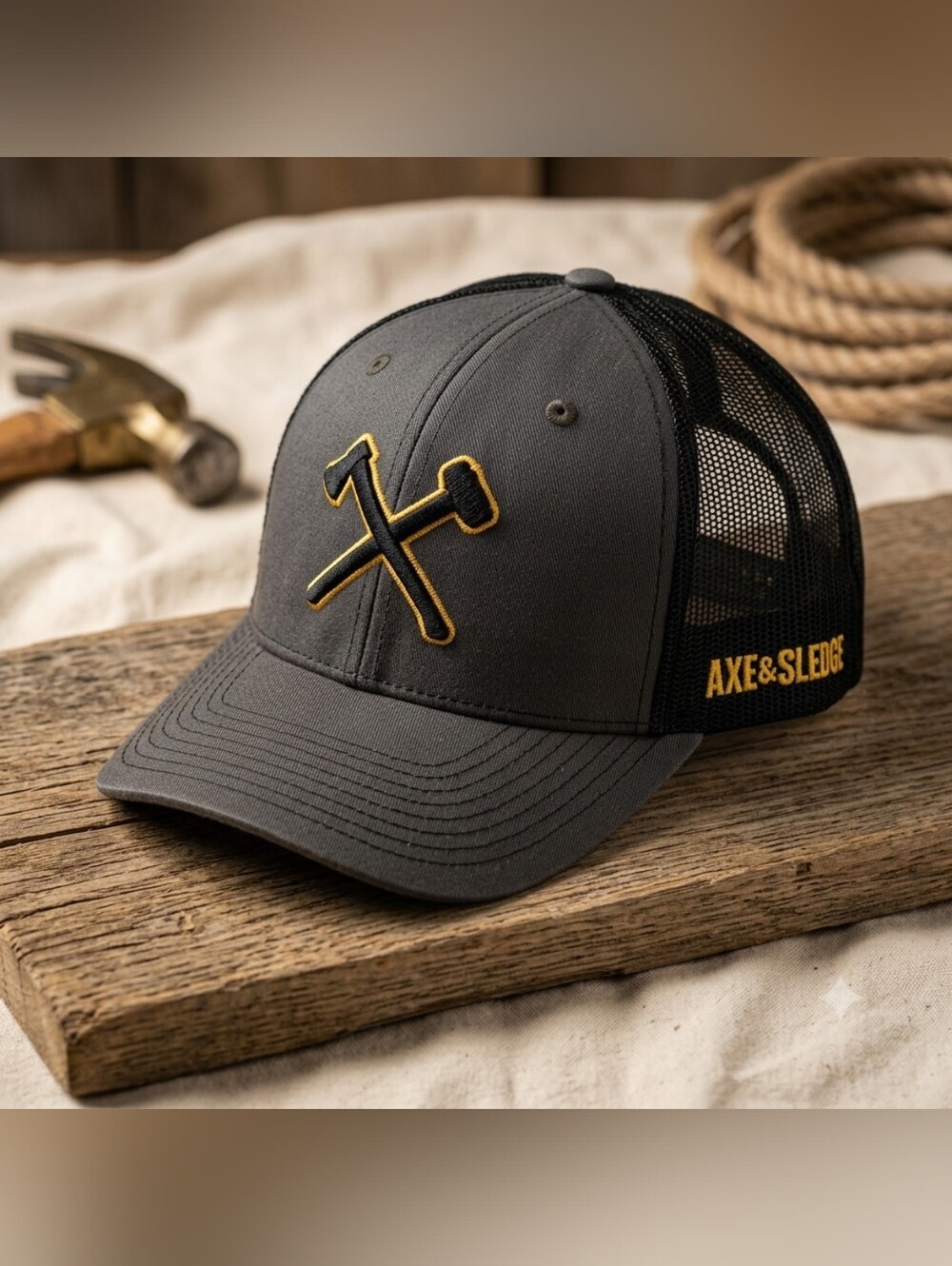 Axe & Sledge Trucker Hat Cap Gray Black Crossed Tools Logo Seth Feroce Gym